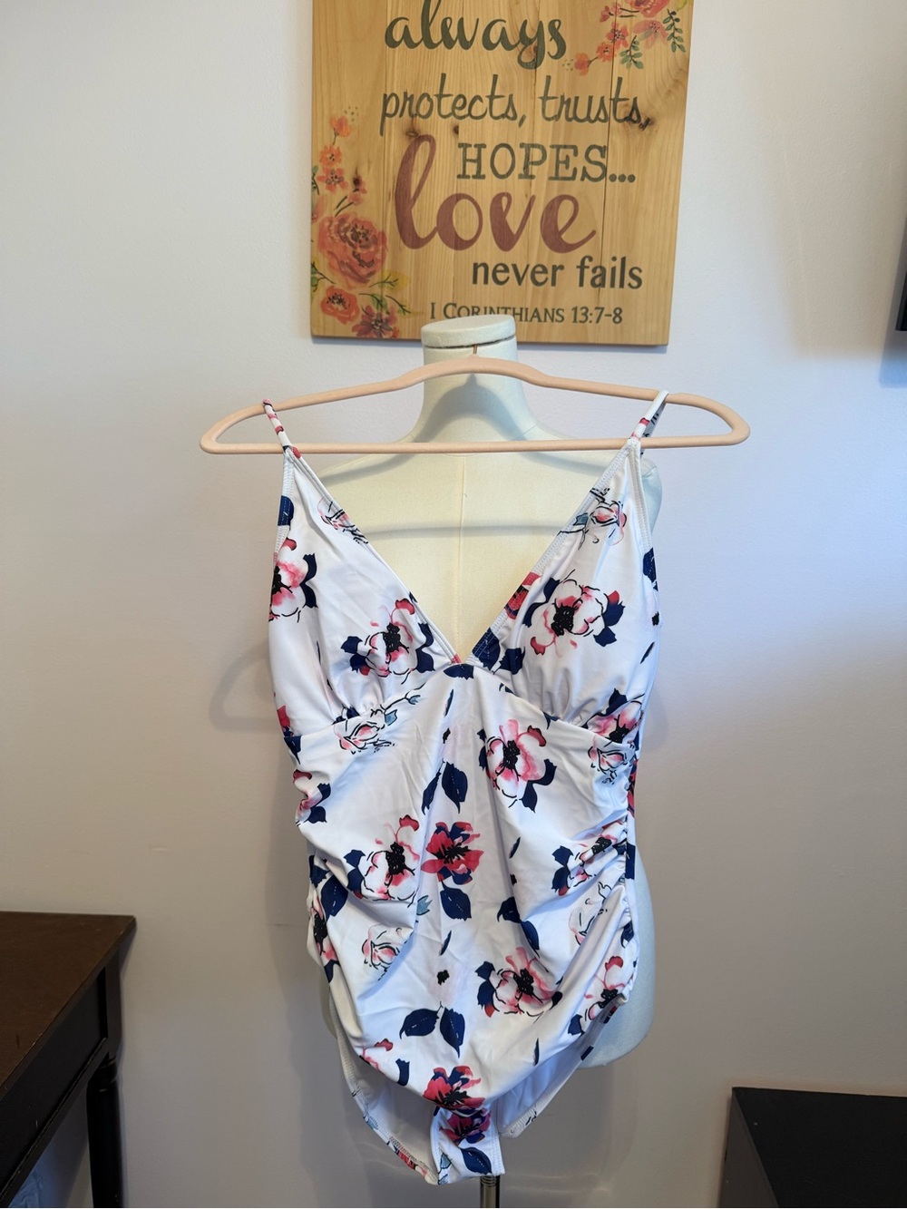 Floral V-Neck One-Piece Swimsuit in White with Navy & Pink